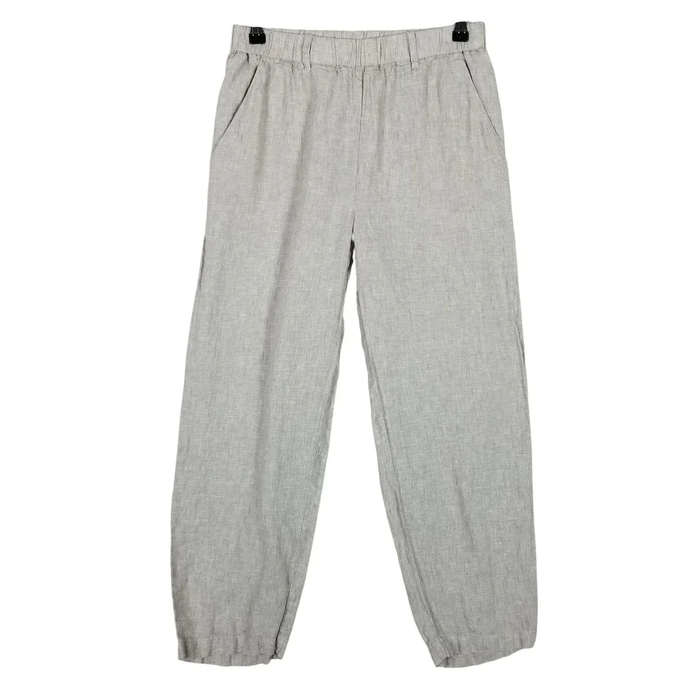 Quince Linen Pants Womens Small Oatmeal Grey Elastic Waist Tapered Relaxed Fit